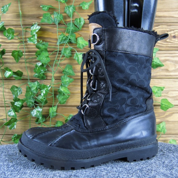 Coach Laura Black Lace Up Duck Boots Women's Monogram Logo Winter 6B - Picture 1 of 9